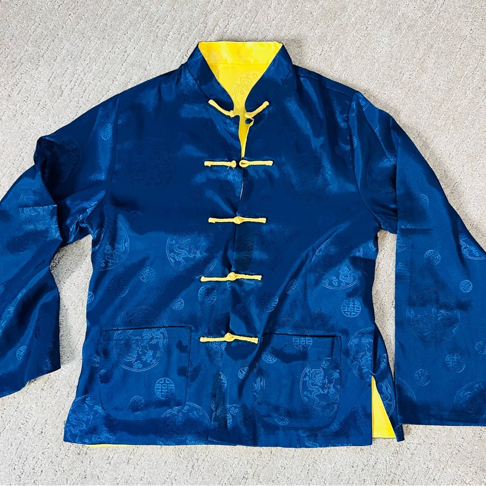 Traditional Chinese Tang Top, Blue and Yellow Reversible Blouse - Picture 2 of 16
